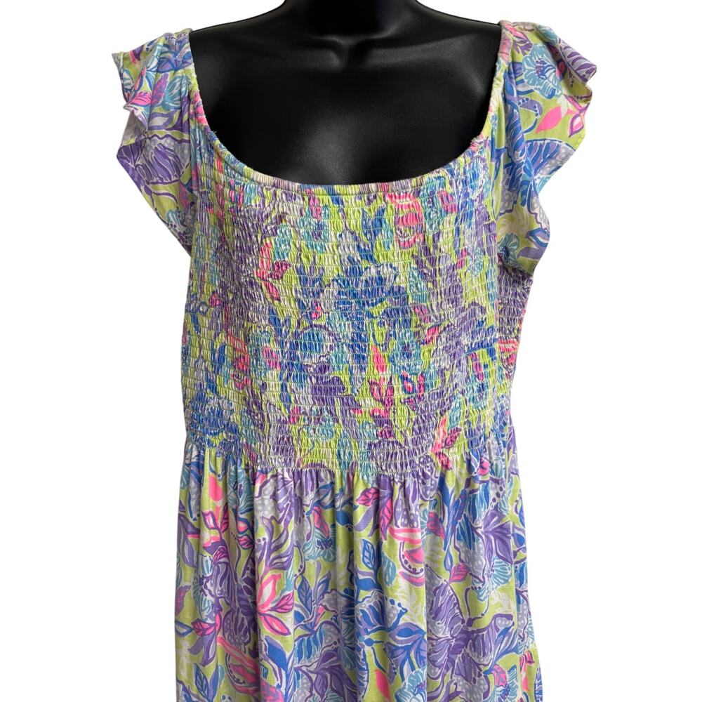 Lilly Pulitzer Womens Size XL Floral Smocked Dress Flutter Sleeve Cotton EUC - Picture 3 of 10